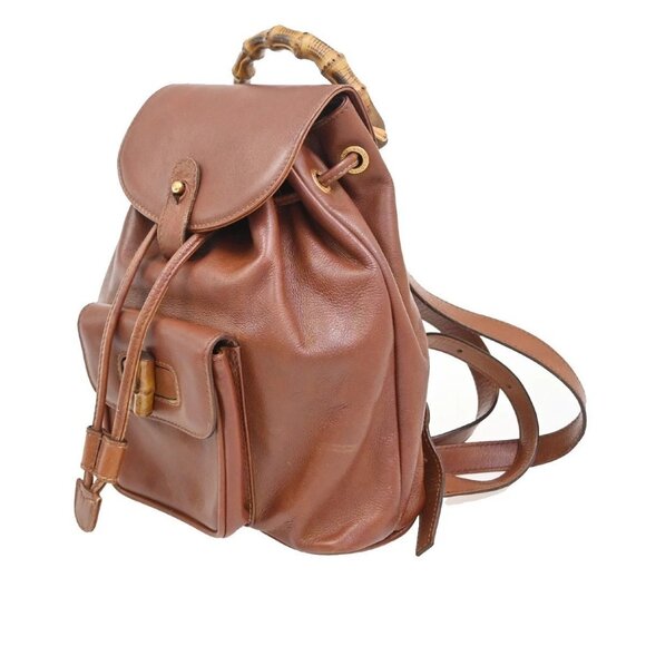 GUCCI Logo Bamboo Drawstring Mini Backpack Bag Leather Brown GHW Italy 38EG182 main image 10